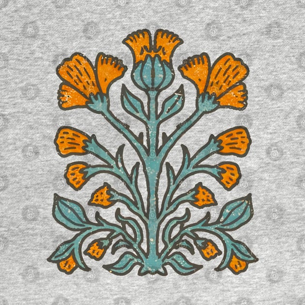 Orange Flowers Scandinavian Folk Art Linocut Print by craftydesigns